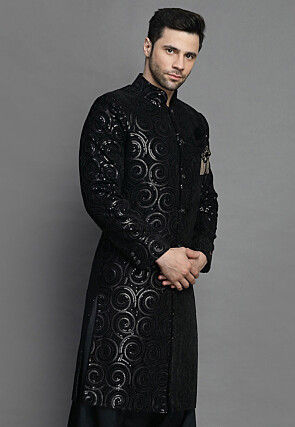 Embroidered Velvet Sherwani in Black