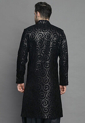Embroidered Velvet Sherwani in Black