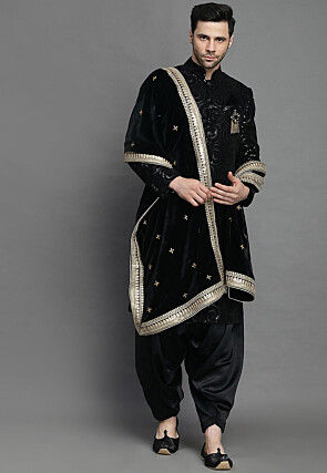 Embroidered Velvet Sherwani in Black