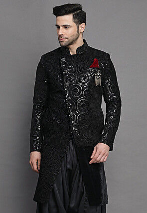 Embroidered Velvet Sherwani in Black