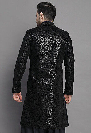 Embroidered Velvet Sherwani in Black