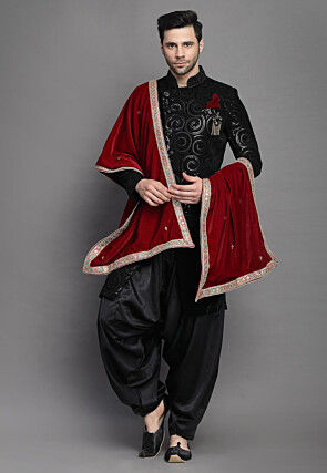 Embroidered Velvet Sherwani in Black