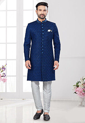 Embroidered Velvet Sherwani in Blue and Black