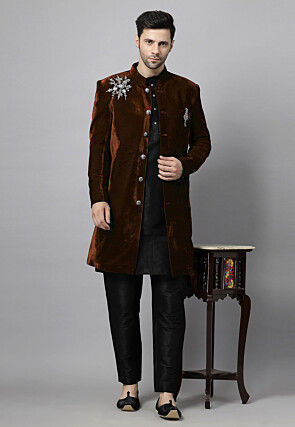 Embroidered Velvet Sherwani in Brown and Black