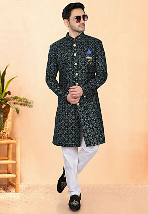 Embroidered Velvet Sherwani in Dark Green