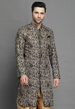Embroidered Velvet Sherwani in Dark Green