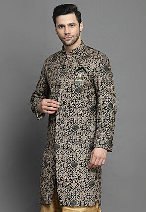Embroidered Velvet Sherwani in Dark Green