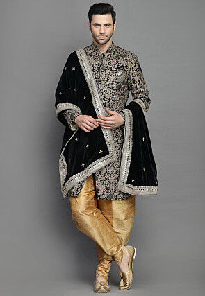 Embroidered Velvet Sherwani in Dark Green