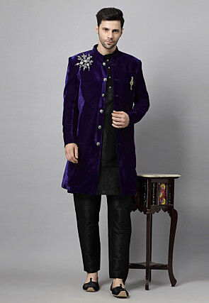Embroidered Velvet Sherwani in Dark Purple and Black