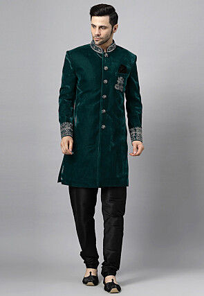 Embroidered Velvet Sherwani in Dark Teal Green
