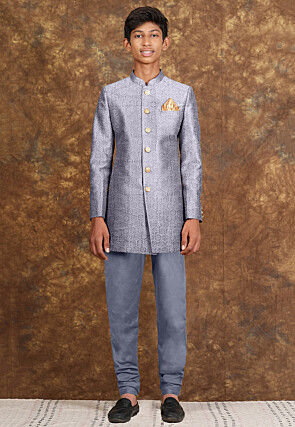 Embroidered Velvet Sherwani in Grey