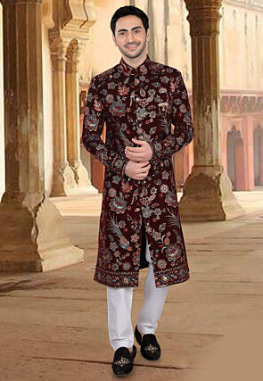 Embroidered Velvet Sherwani in Maroon
