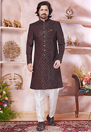 Embroidered Velvet Sherwani in Maroon