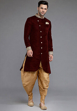 Embroidered Collar Velvet Sherwani in Maroon