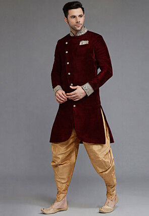 Embroidered Collar Velvet Sherwani in Maroon