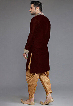 Embroidered Collar Velvet Sherwani in Maroon