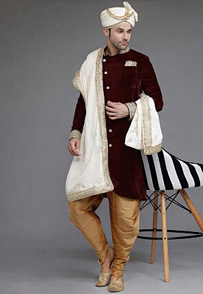 Embroidered Collar Velvet Sherwani in Maroon