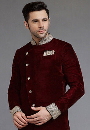 Embroidered Collar Velvet Sherwani in Maroon