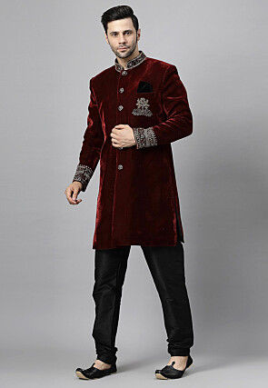 Embroidered Velvet Sherwani in Maroon