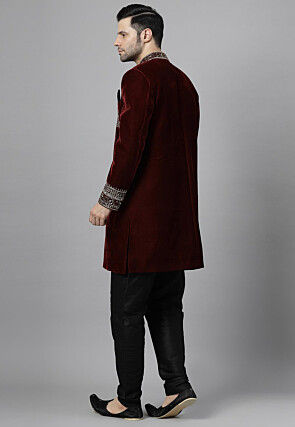 Embroidered Velvet Sherwani in Maroon