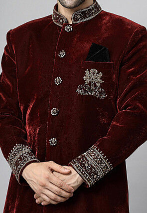 Embroidered Velvet Sherwani in Maroon