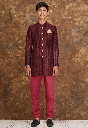 Embroidered Velvet Sherwani in Maroon