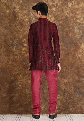 Embroidered Velvet Sherwani in Maroon