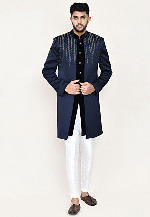 Embroidered Velvet Sherwani in Navy Blue