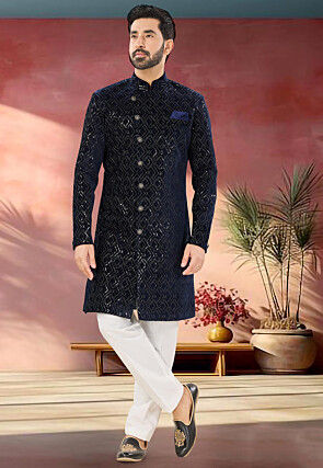 Embroidered Velvet Sherwani in Navy Blue