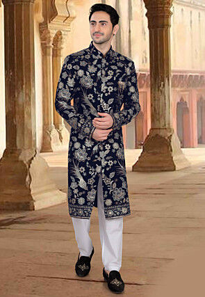 Embroidered Velvet Sherwani in Navy Blue