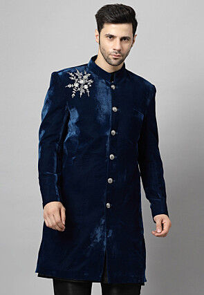 Embroidered Velvet Coat in Teal Blue