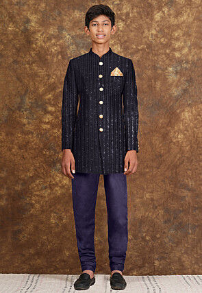 Embroidered Velvet Sherwani in Navy Blue