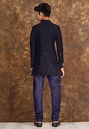 Embroidered Velvet Sherwani in Navy Blue
