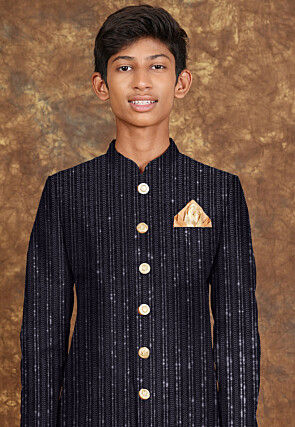 Embroidered Velvet Sherwani in Navy Blue