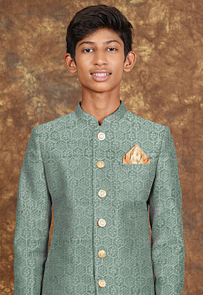 Embroidered Velvet Sherwani in Pastel Green