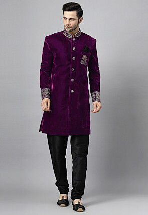 Embroidered Velvet Sherwani in Purple