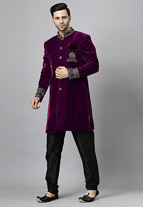Embroidered Velvet Sherwani in Purple