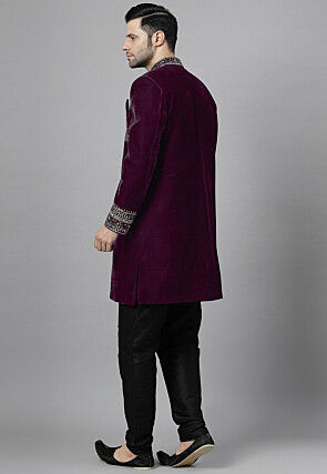 Embroidered Velvet Sherwani in Purple