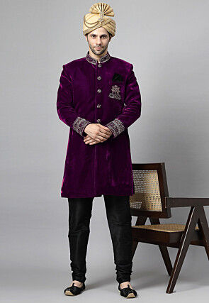 Embroidered Velvet Sherwani in Purple