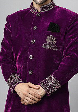 Embroidered Velvet Sherwani in Purple