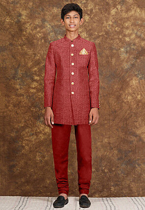 Embroidered Velvet Sherwani in Red