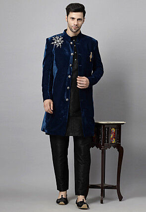 Embroidered Velvet Sherwani in Teal Blue and Black