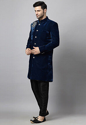 Embroidered Velvet Sherwani in Teal Blue and Black