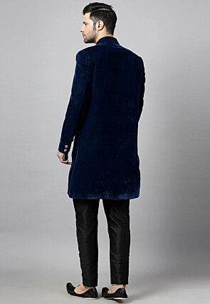 Embroidered Velvet Sherwani in Teal Blue and Black