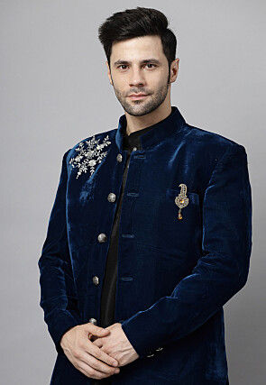 Embroidered Velvet Sherwani in Teal Blue and Black