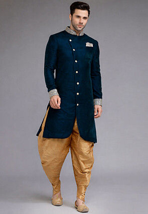 Embroidered Collar Velvet Sherwani in Teal Blue