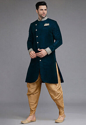 Embroidered Collar Velvet Sherwani in Teal Blue