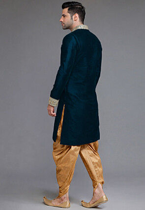 Embroidered Collar Velvet Sherwani in Teal Blue