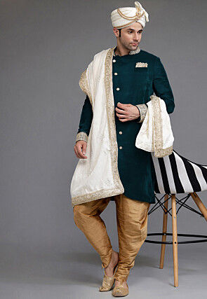 Embroidered Collar Velvet Sherwani in Teal Blue