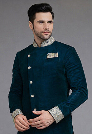 Embroidered Collar Velvet Sherwani in Teal Blue